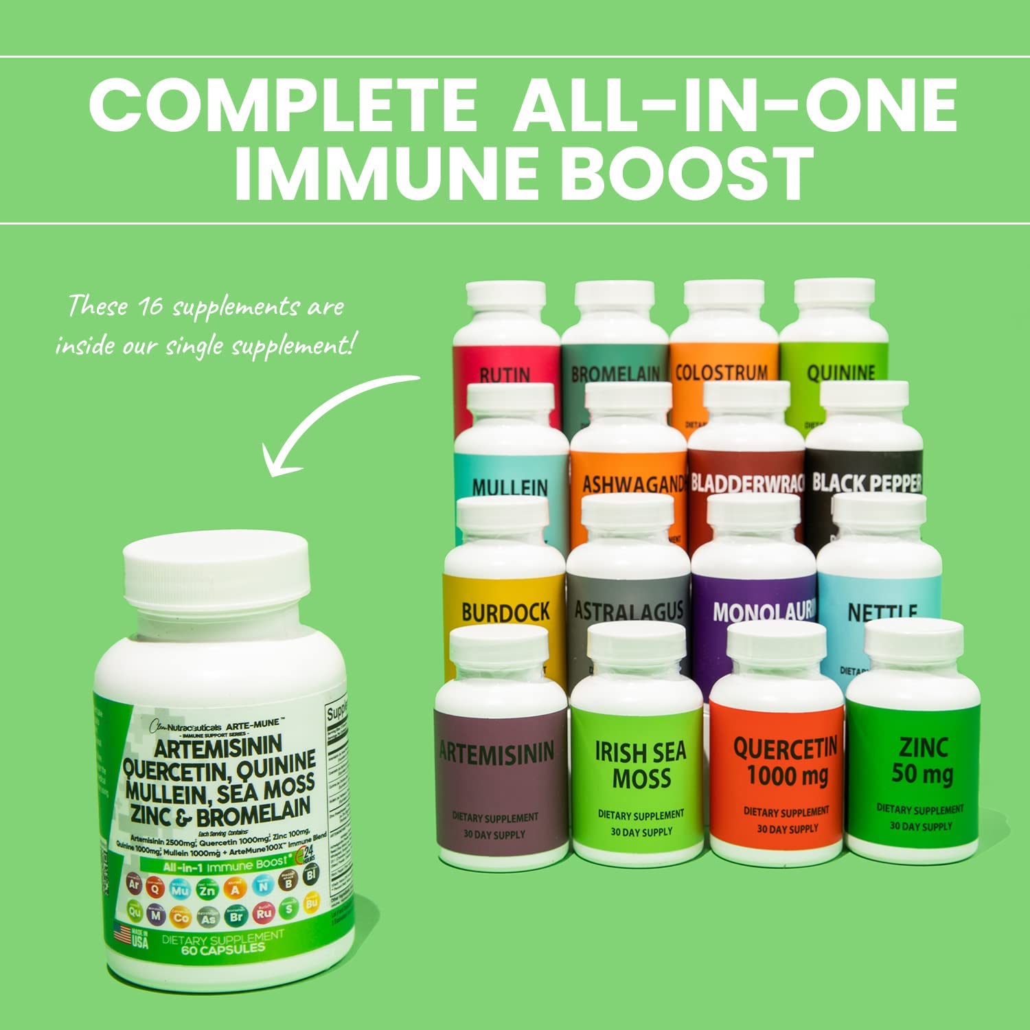 Artemisinin 2500mg Quercetin 1000mg Zinc 100mg Mullein Quinine Supplement with Sea Moss Bromelain Ashwagandha Root Nettle Leaf Bladderwrack Burdock Root Monolaurin Colostrum Rutin - Immune Support USA - Image 2